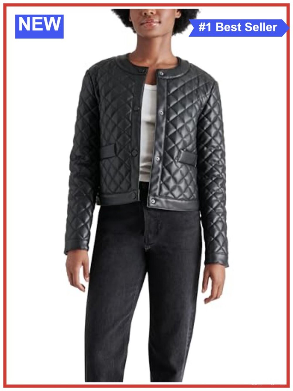 Quilted Vegan Leather Jacket Slim Fit Collarless Snap Snap Casual Coat